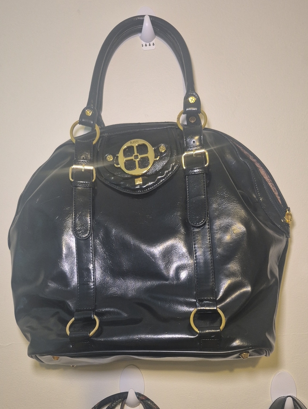 IMAN Black Large Patent Leather Shoulder Bag with Gold Emblem
